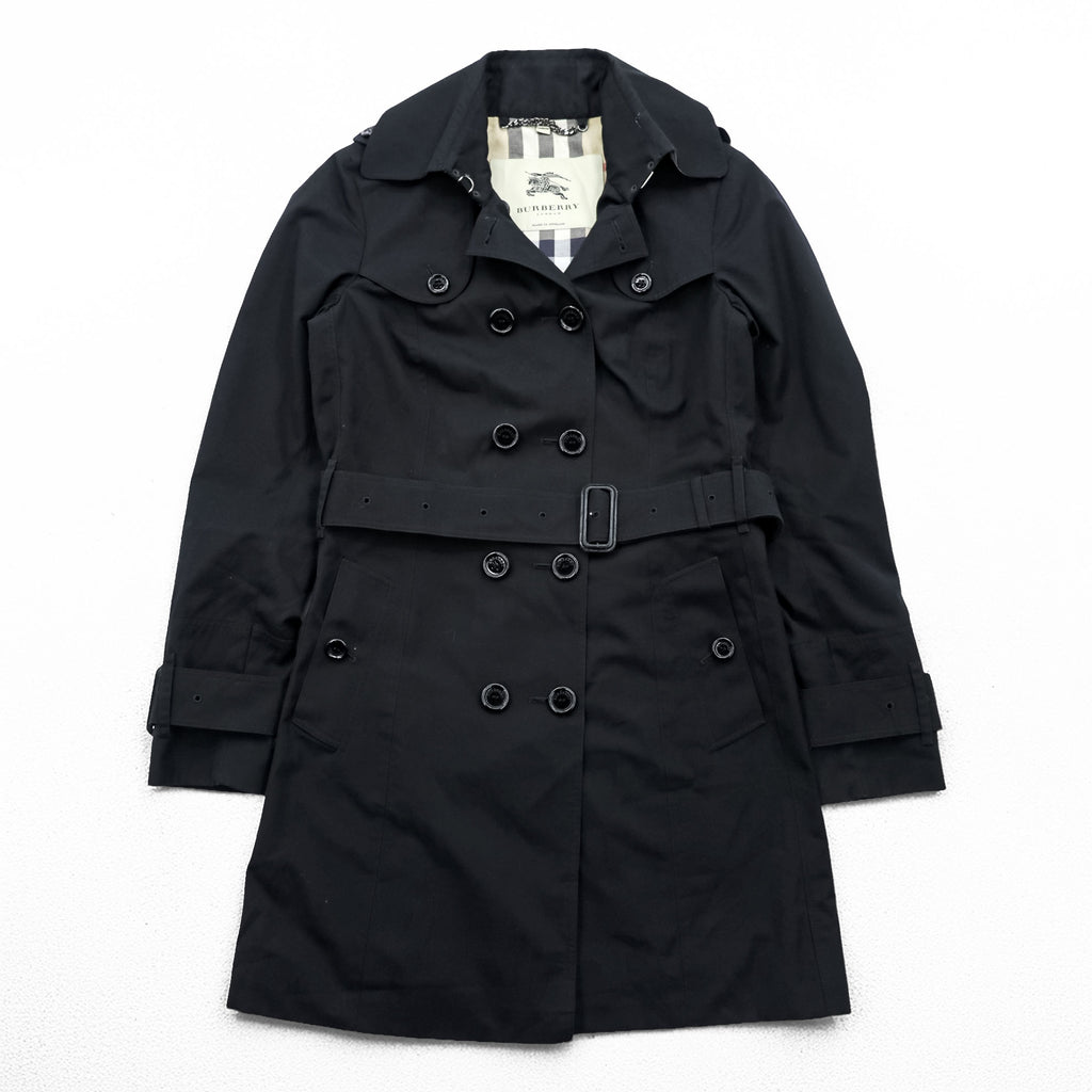 BURBERRY LONDON 英国製 ダブルブレスト トレンチコート S ブラック ベルト付 エポレット 裏地ノバチェック イングランド製