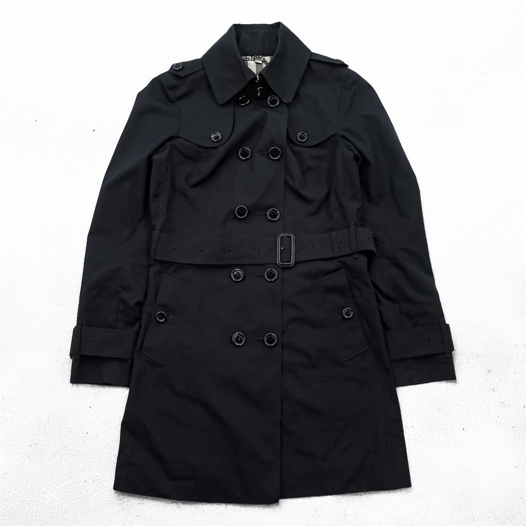 BURBERRY LONDON 英国製 ダブルブレスト トレンチコート S ブラック ベルト付 エポレット 裏地ノバチェック イングランド製