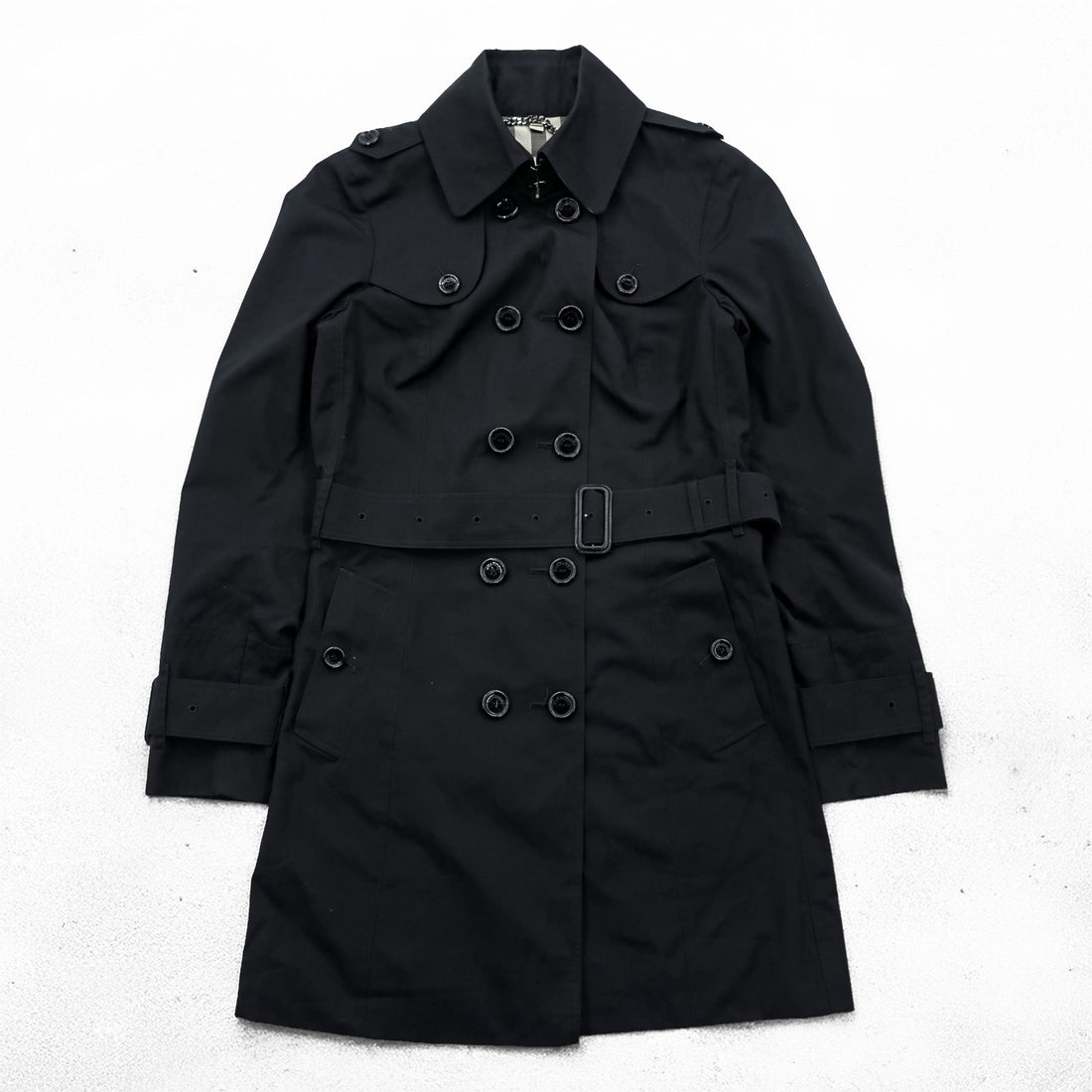 BURBERRY LONDON 英国製 ダブルブレスト トレンチコート S ブラック ベルト付 エポレット 裏地ノバチェック イングランド製