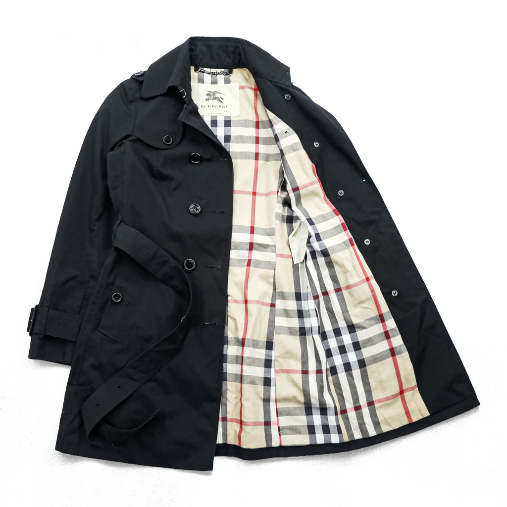 BURBERRY LONDON 英国製 ダブルブレスト トレンチコート S ブラック ベルト付 エポレット 裏地ノバチェック イングランド製