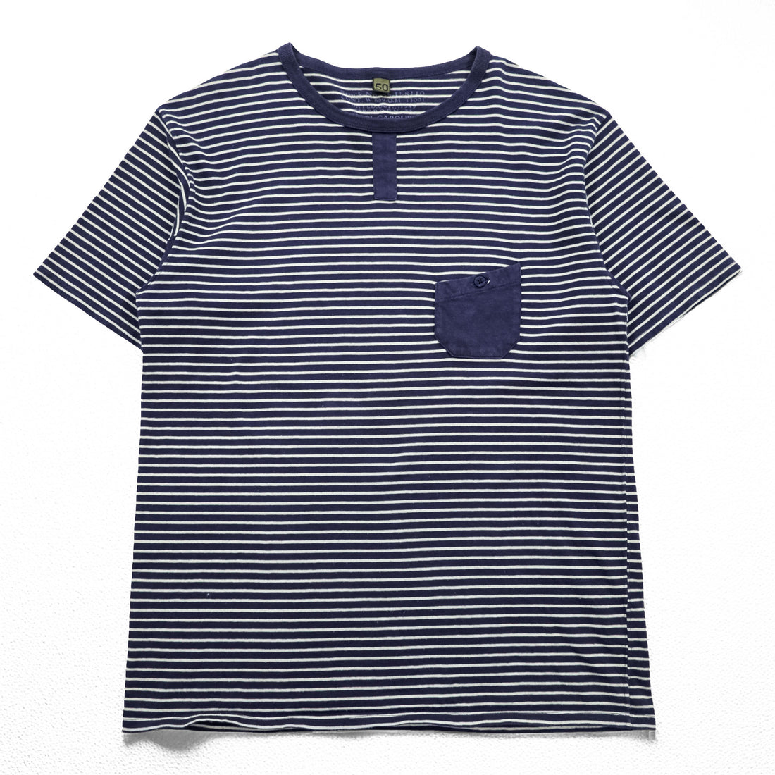 Nigel Cabourn 日本製 ポケTee Tシャツ L ネイビー ホワイト ボーダー 胸ポケット ウッドボタン 55-U-8110