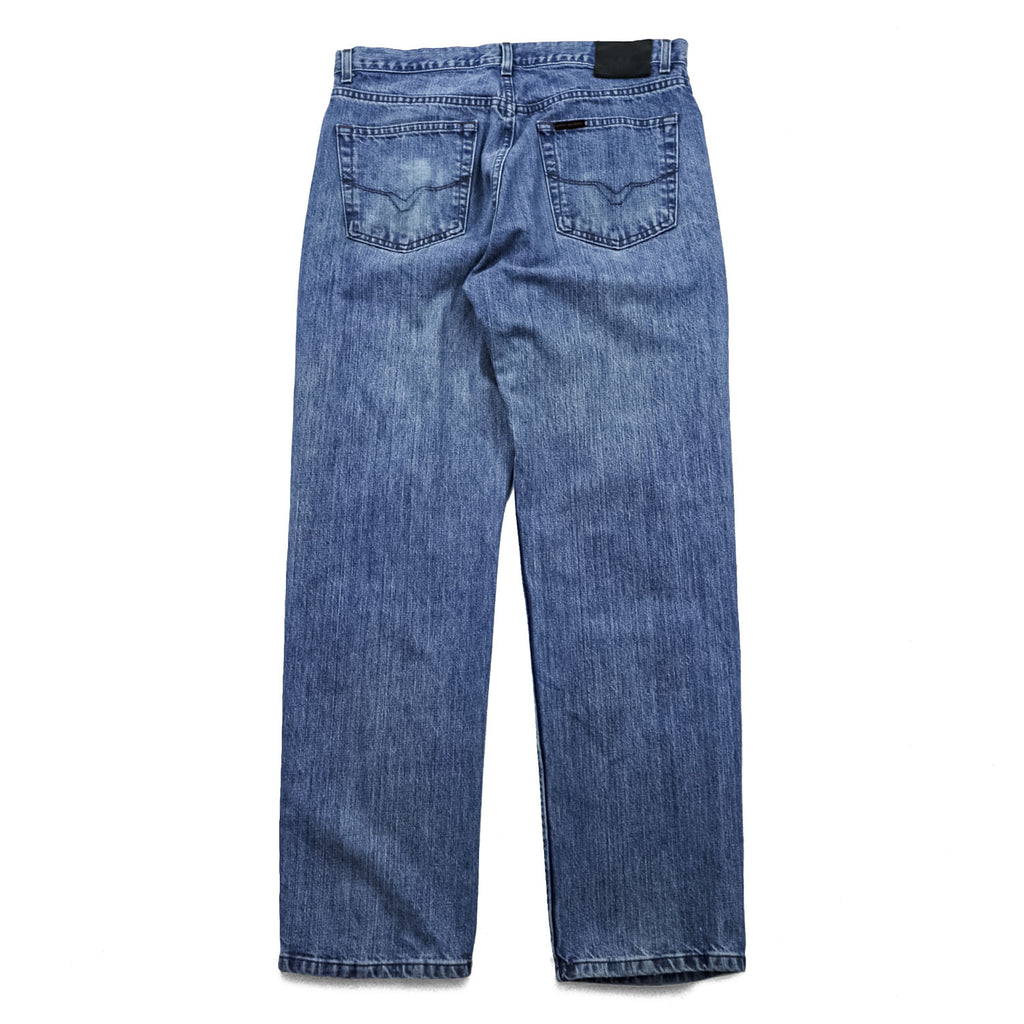 HARLEY DAVIDSON 00s Vintage Denim Pants Jeans Size L Blue Leather Patch Zipper Fly