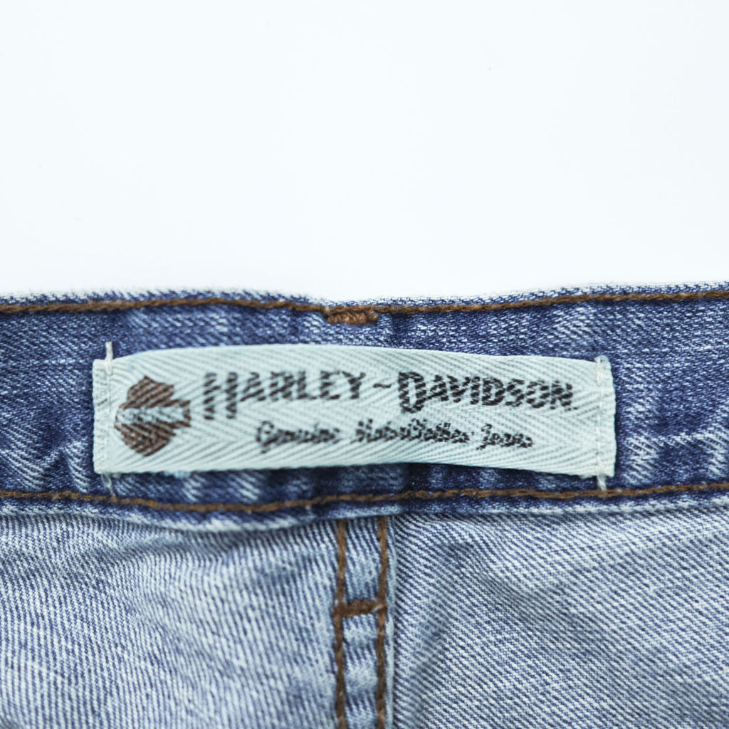 HARLEY DAVIDSON 00s Vintage Denim Pants Jeans Size L Blue Leather Patch Zipper Fly