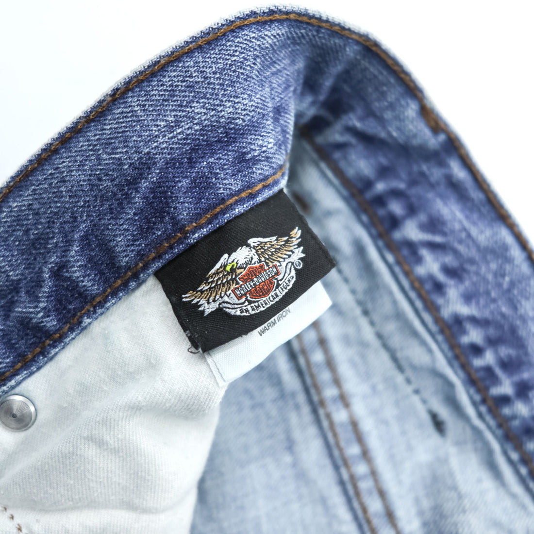 HARLEY DAVIDSON 00s Vintage Denim Pants Jeans Size L Blue Leather Patch Zipper Fly
