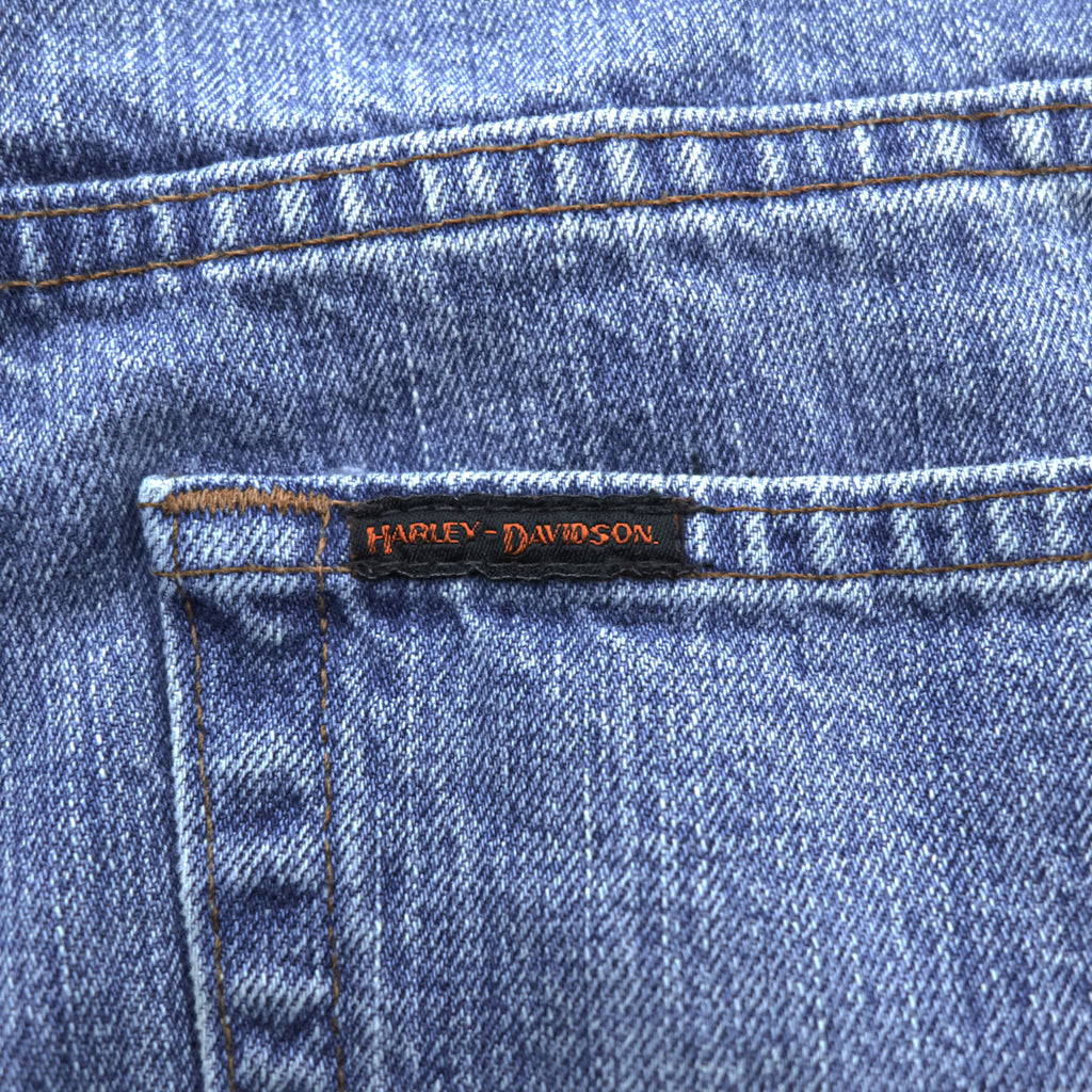 HARLEY DAVIDSON 00s Vintage Denim Pants Jeans Size L Blue Leather Patch Zipper Fly