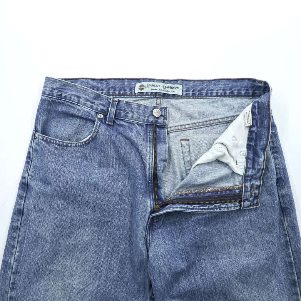 HARLEY DAVIDSON 00s Vintage Denim Pants Jeans Size L Blue Leather Patch Zipper Fly
