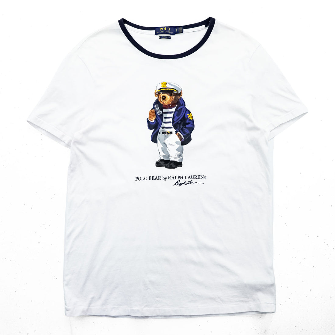 Polo Ralph Lauren ポロベア リンガー Tシャツ L ホワイト ネイビー プリント SLIM FIT