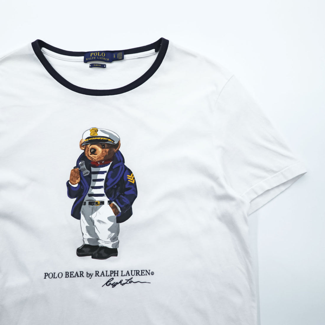 Polo Ralph Lauren ポロベア リンガー Tシャツ L ホワイト ネイビー プリント SLIM FIT