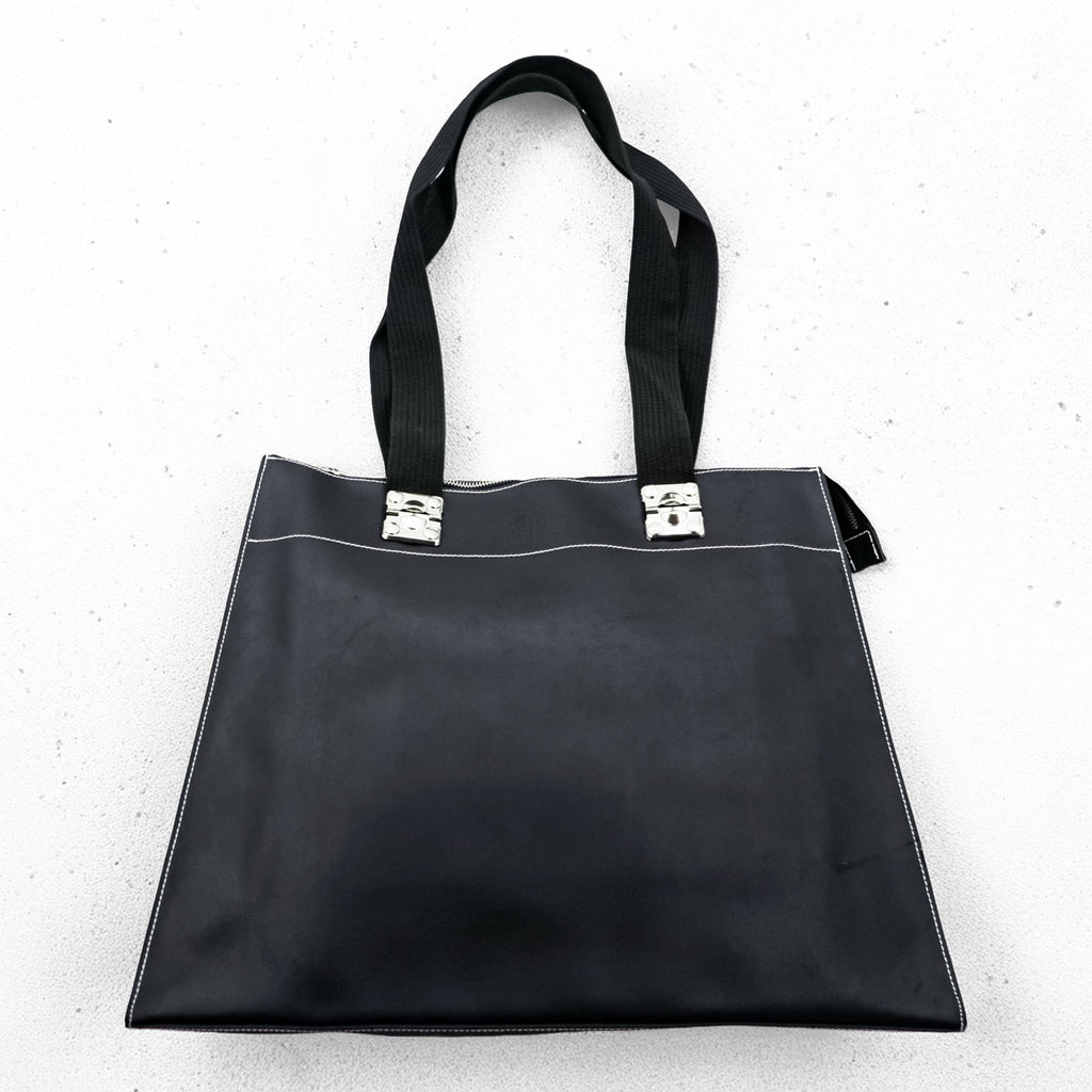 Jean Paul Gaultier Public Gaultier Black Tote Bag Silver Plate Contrast Stitch Zip Top Shoulder Bag