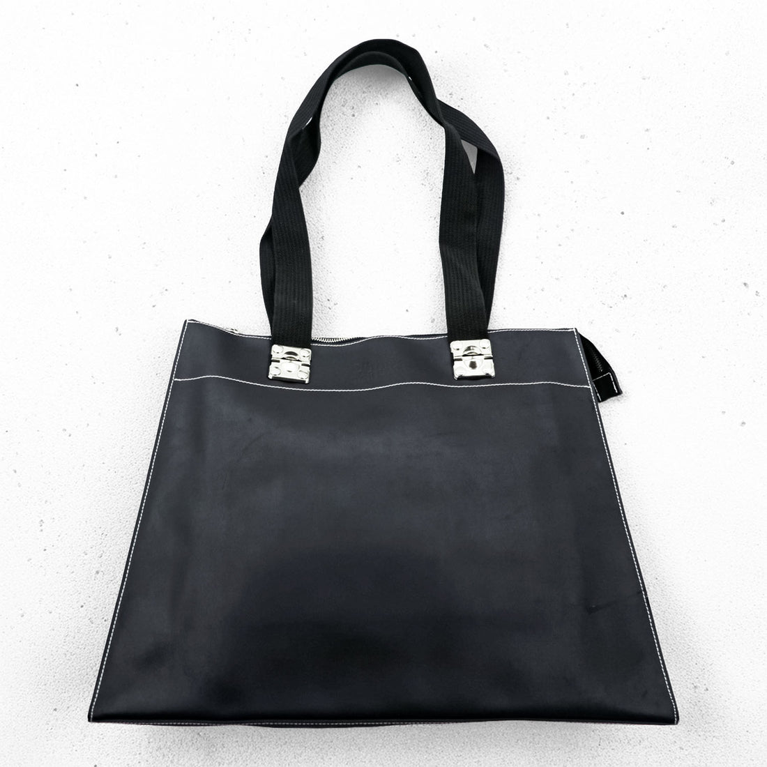 Jean Paul Gaultier Public Gaultier Black Tote Bag Silver Plate Contrast Stitch Zip Top Shoulder Bag