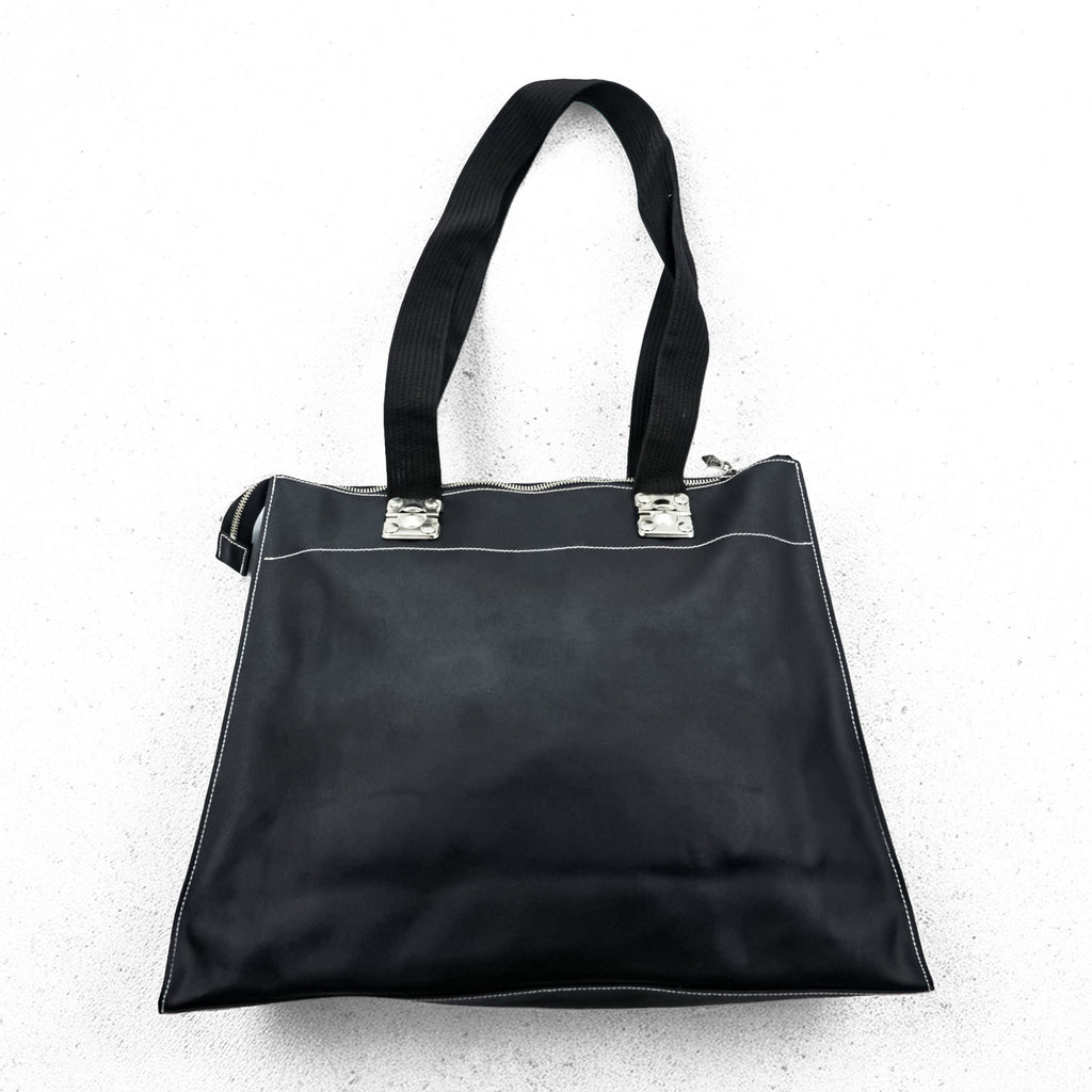 Jean Paul Gaultier Public Gaultier Black Tote Bag Silver Plate Contrast Stitch Zip Top Shoulder Bag