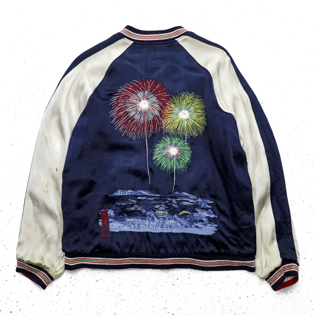 IOLANI Reversible Sukajan Souvenir Jacket Fireworks Embroidery Navy Ivory Gold Red Size L