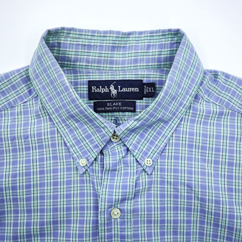 Ralph Lauren 90年代 ヴィンテージ 長袖 ボタンダウンシャツ XL ブルー チェック スモールポニー ロゴ 刺繍 BLAKE TWO-PLY COTTON