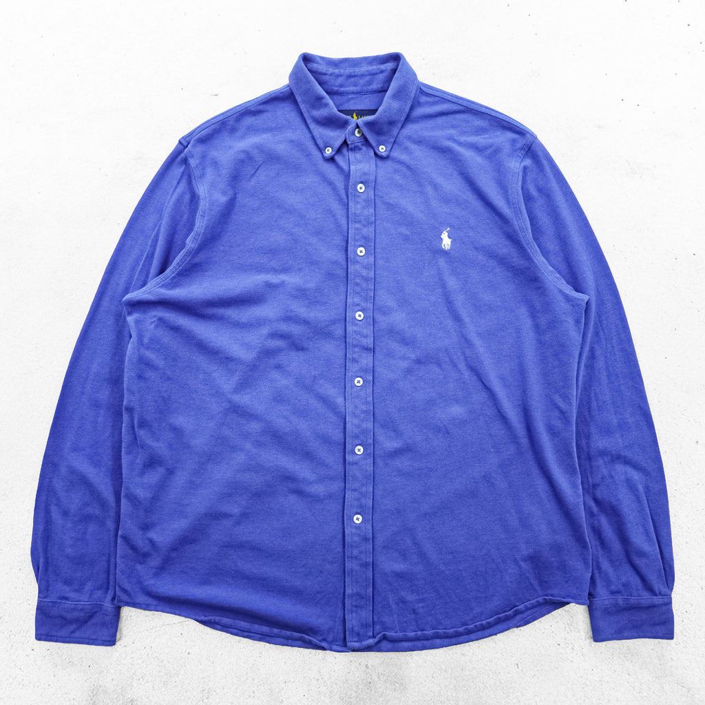 Ralph Lauren 鹿の子 FEATHER WEIGHT MESH 長袖 ボタンダウンシャツ XL ブルー スモールポニー ロゴ 刺繍