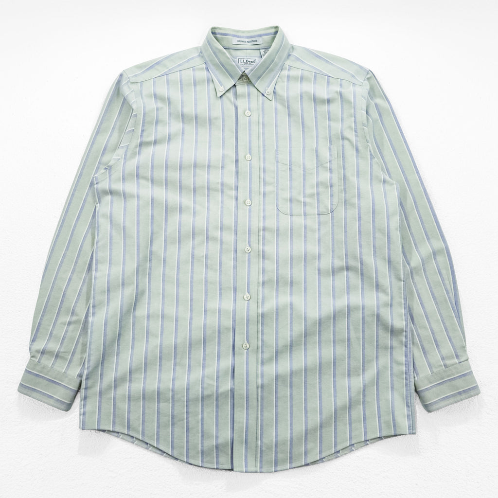 L.L.Bean Long-Sleeve Button-Down Shirt, Size L, Green/Blue Oxford Striped Wrinkle Resistant (AVF5)