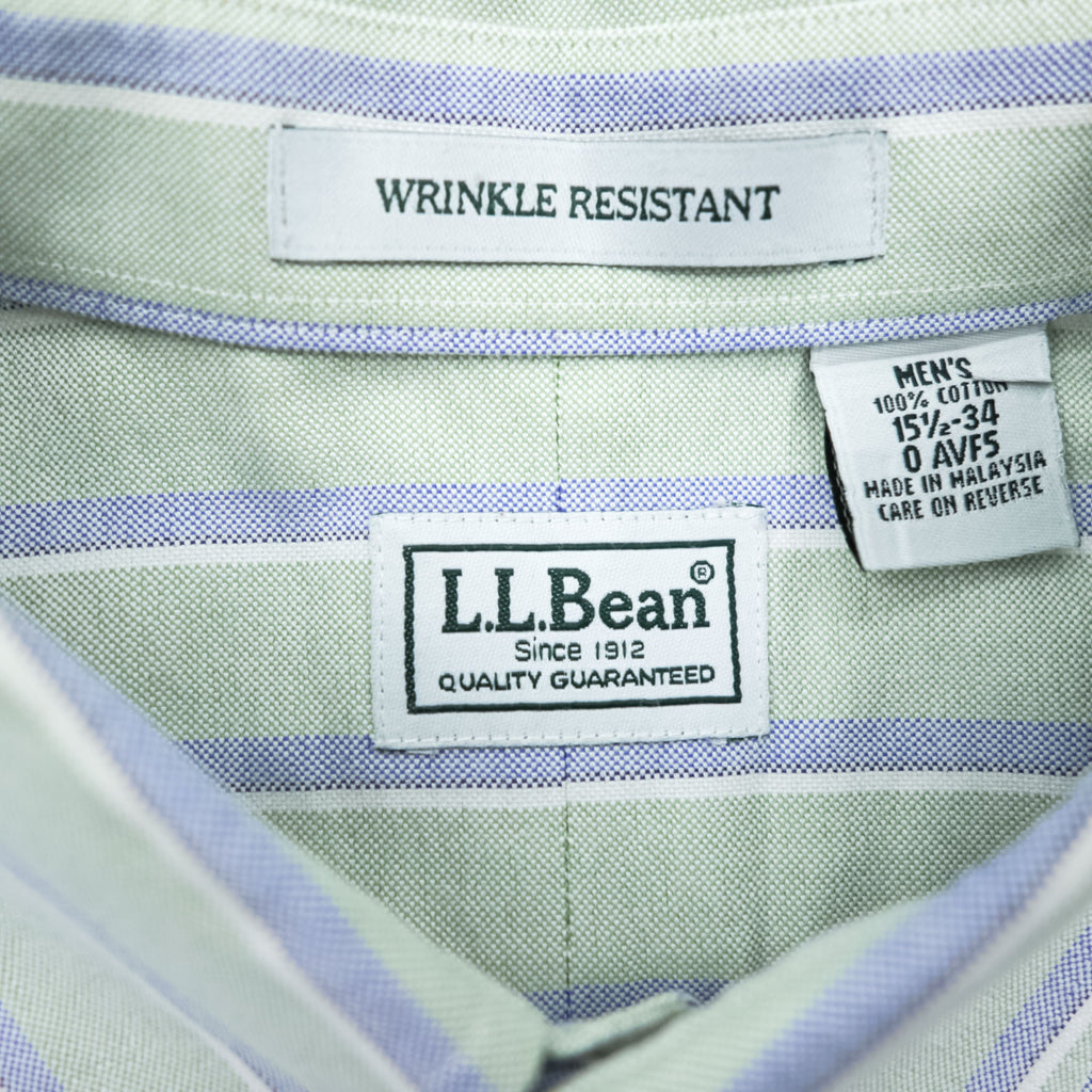 L.L.Bean Long-Sleeve Button-Down Shirt, Size L, Green/Blue Oxford Striped Wrinkle Resistant (AVF5)