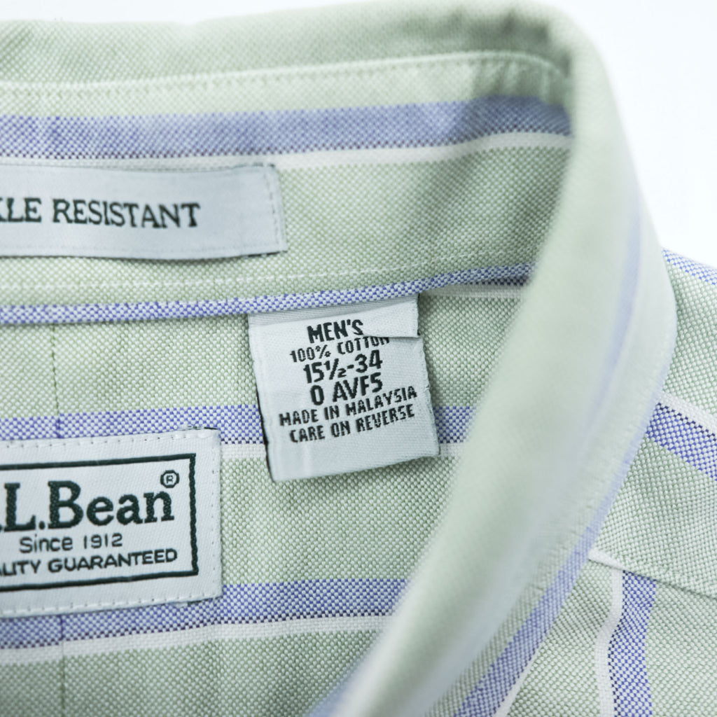 L.L.Bean Long-Sleeve Button-Down Shirt, Size L, Green/Blue Oxford Striped Wrinkle Resistant (AVF5)