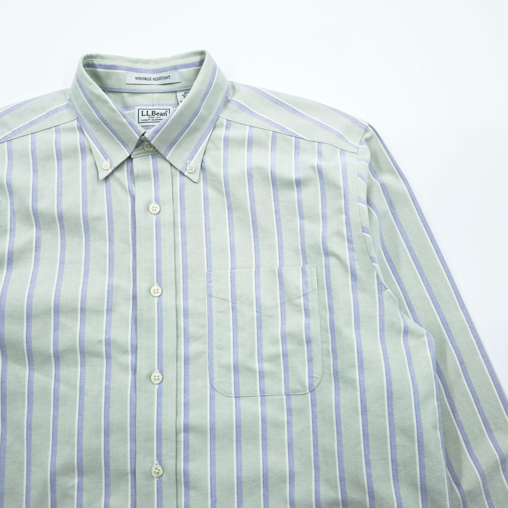 L.L.Bean Long-Sleeve Button-Down Shirt, Size L, Green/Blue Oxford Striped Wrinkle Resistant (AVF5)