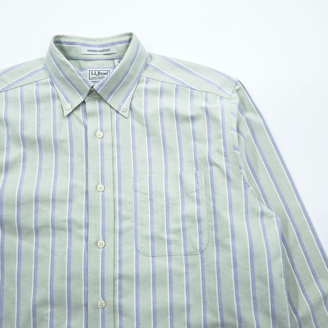 L.L.Bean Long-Sleeve Button-Down Shirt, Size L, Green/Blue Oxford Striped Wrinkle Resistant (AVF5)