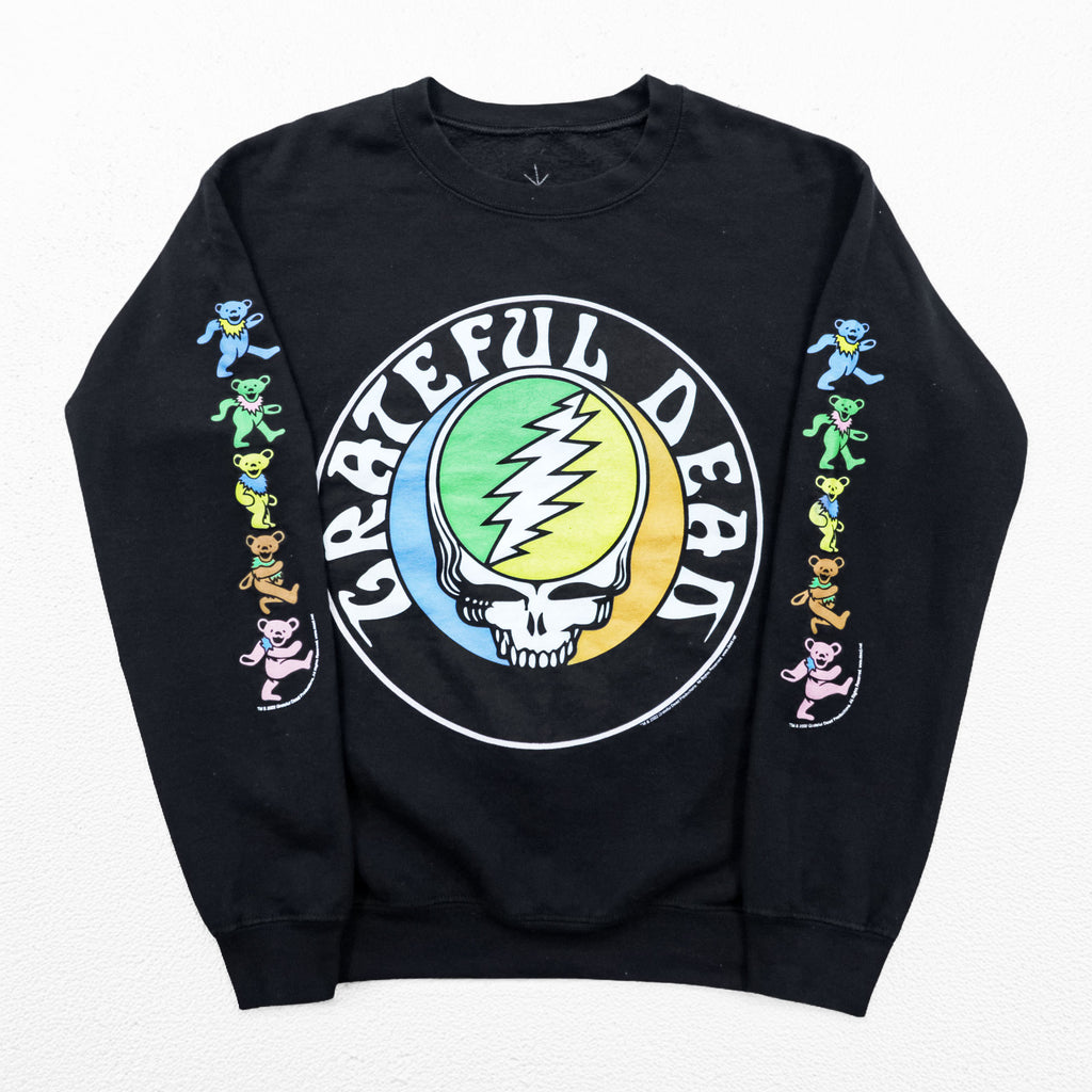 Grateful Dead band sweatshirt, size S, black, brushed lining, LIFE CLOTHING CO., skull and dancing bear sleeve print.