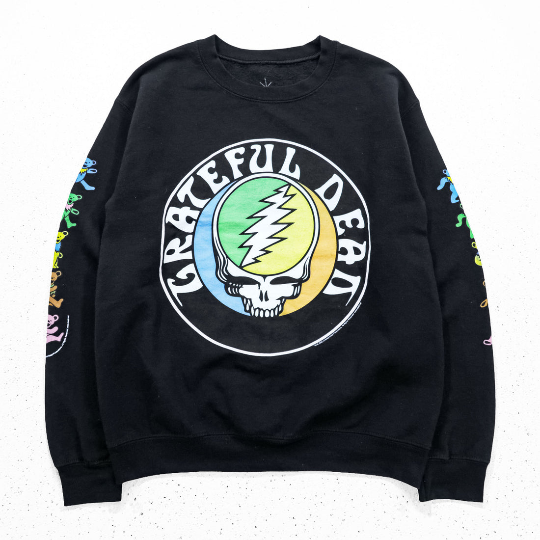Grateful Dead band sweatshirt, size S, black, brushed lining, LIFE CLOTHING CO., skull and dancing bear sleeve print.