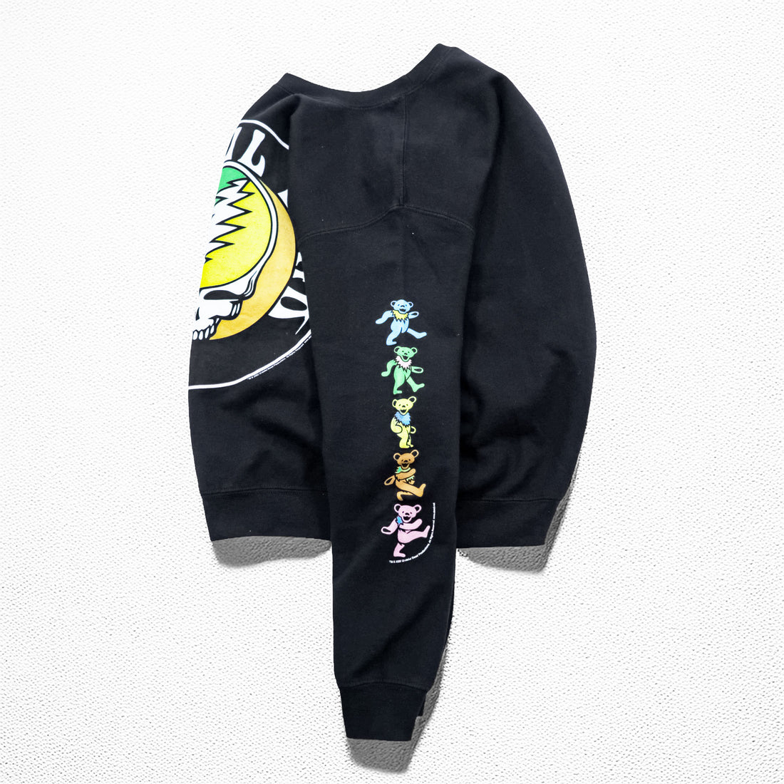 Grateful Dead band sweatshirt, size S, black, brushed lining, LIFE CLOTHING CO., skull and dancing bear sleeve print.