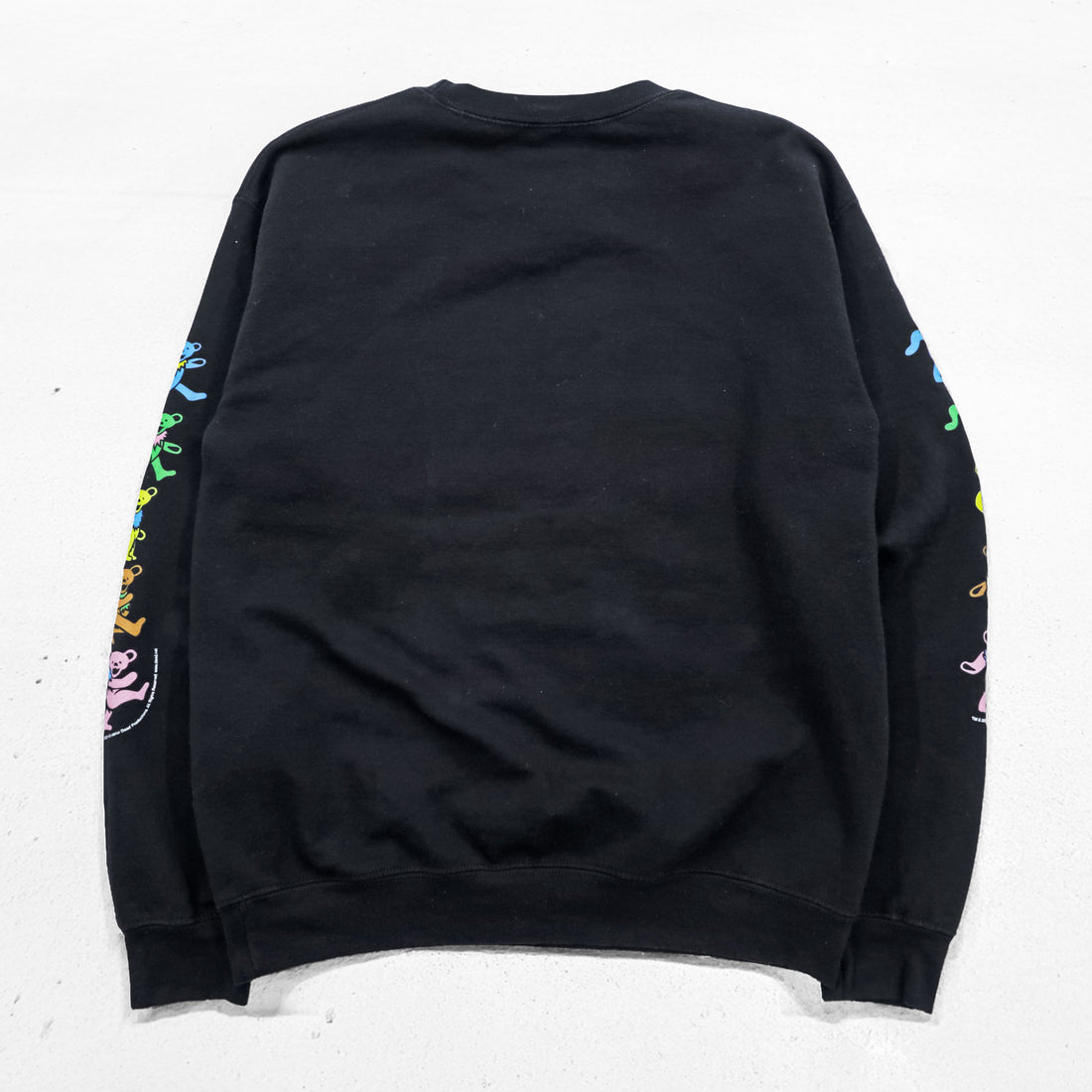 Grateful Dead band sweatshirt, size S, black, brushed lining, LIFE CLOTHING CO., skull and dancing bear sleeve print.