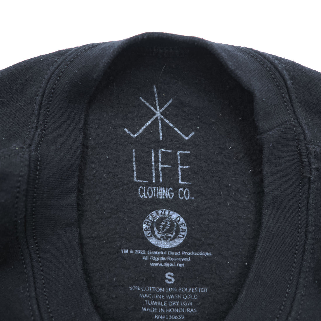 Grateful Dead band sweatshirt, size S, black, brushed lining, LIFE CLOTHING CO., skull and dancing bear sleeve print.