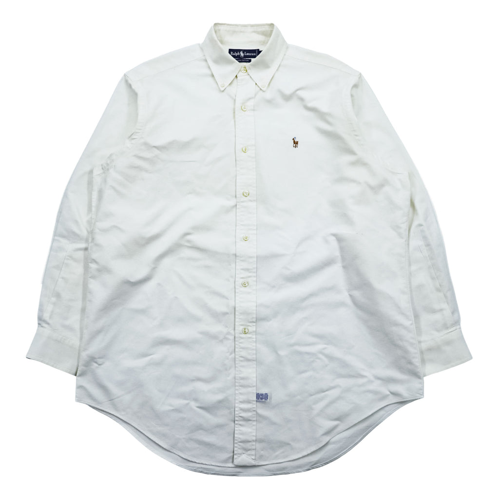 Ralph Lauren 90s Vintage Long-Sleeve Button-Down Shirt, Size L, White Oxford, Small Pony Logo Embroidery