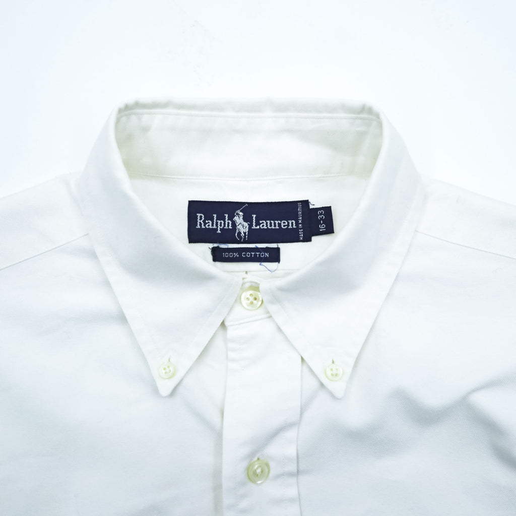 Ralph Lauren 90s Vintage Long-Sleeve Button-Down Shirt, Size L, White Oxford, Small Pony Logo Embroidery