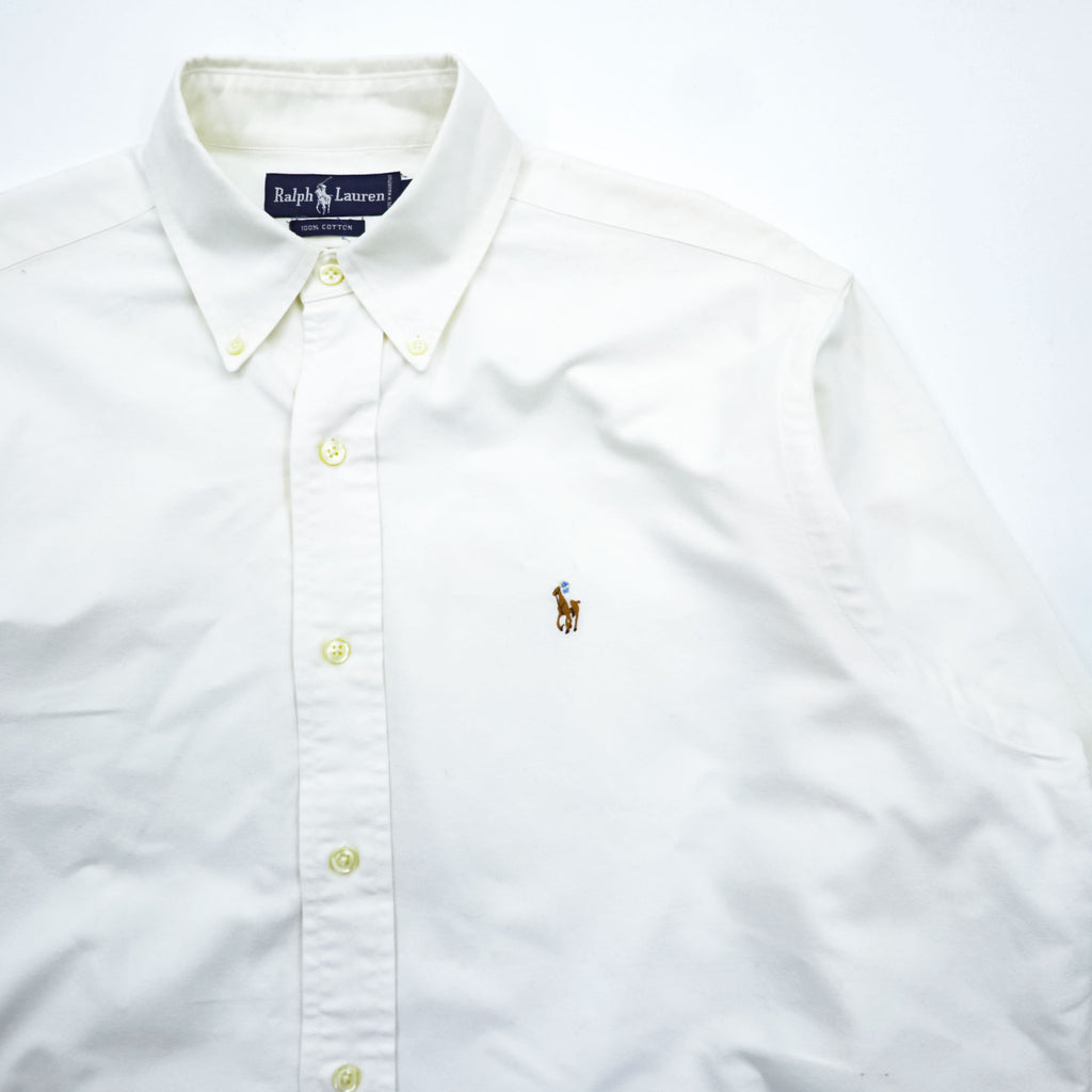 Ralph Lauren 90s Vintage Long-Sleeve Button-Down Shirt, Size L, White Oxford, Small Pony Logo Embroidery