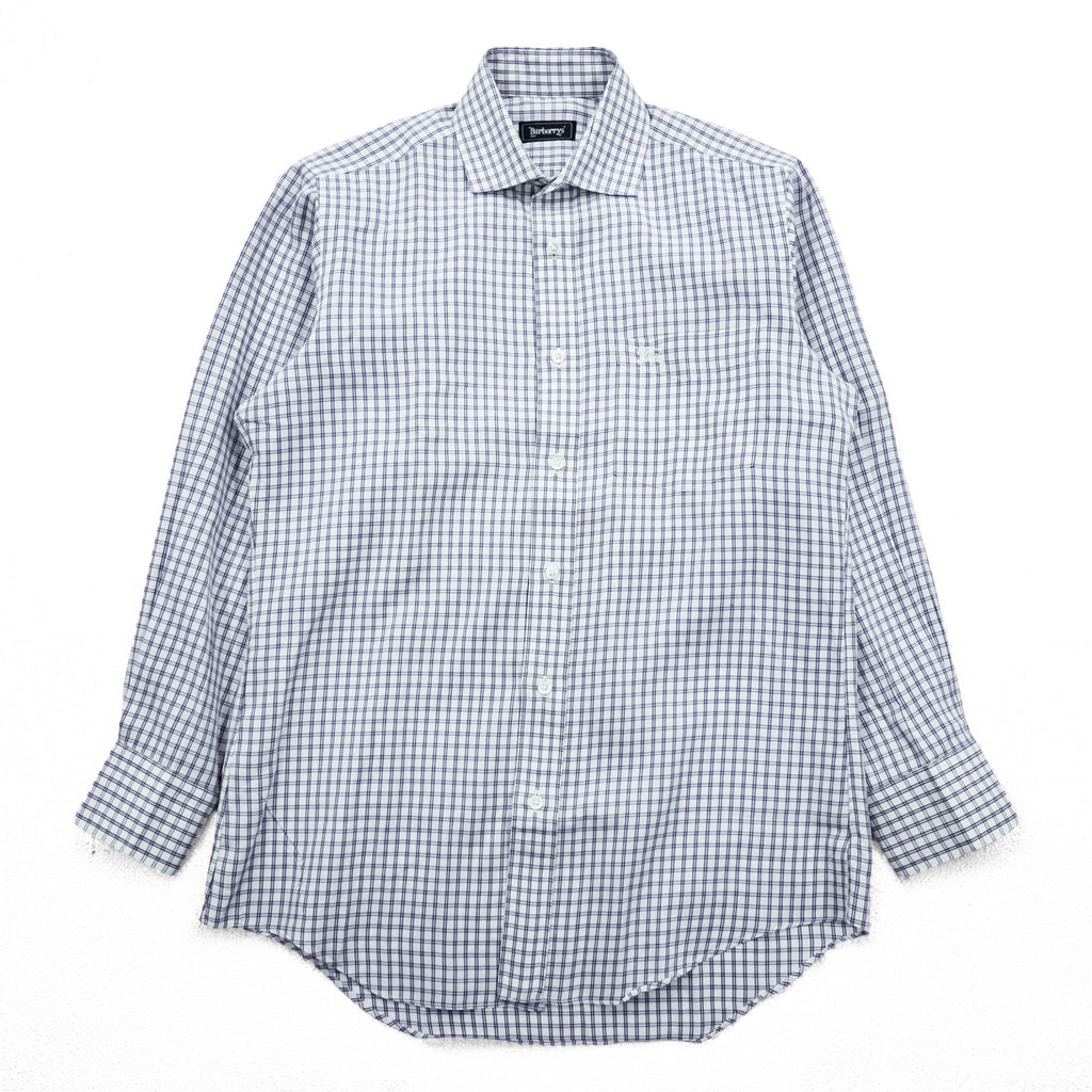 Vintage Burberrys Long Sleeve Dress Shirt White Navy Windowpane Check Regular Collar Cotton XL