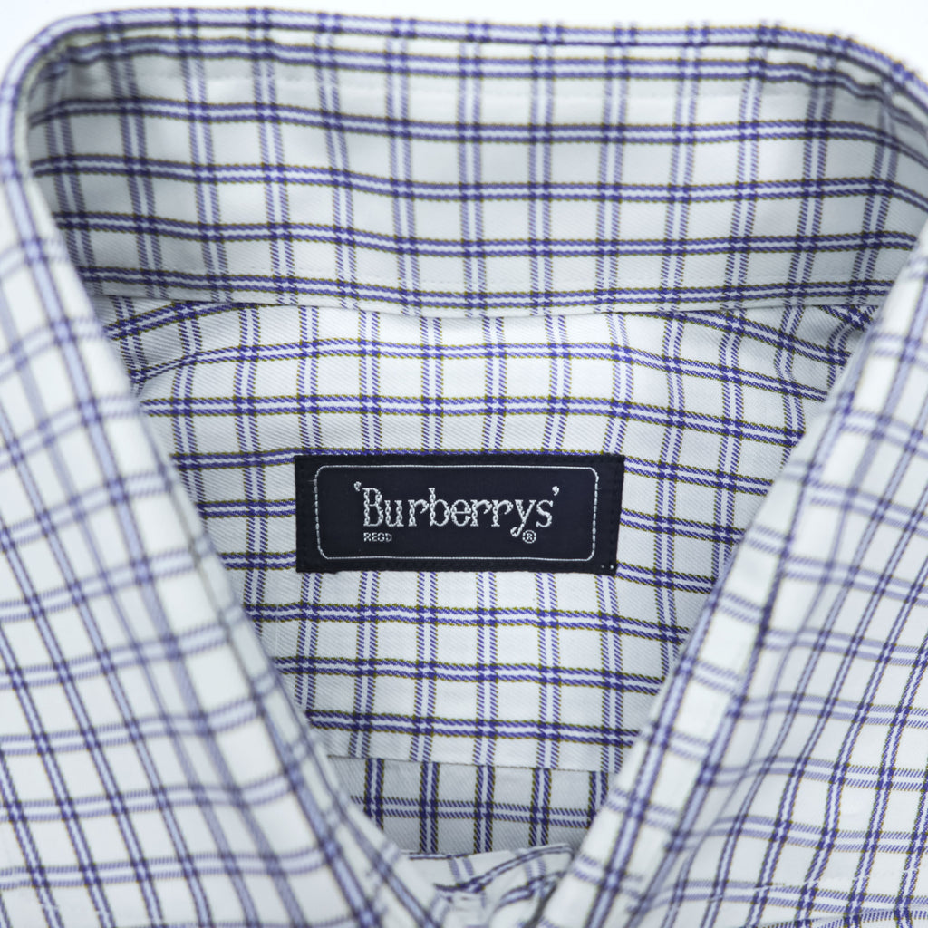 Vintage Burberrys Long Sleeve Dress Shirt White Navy Windowpane Check Regular Collar Cotton XL