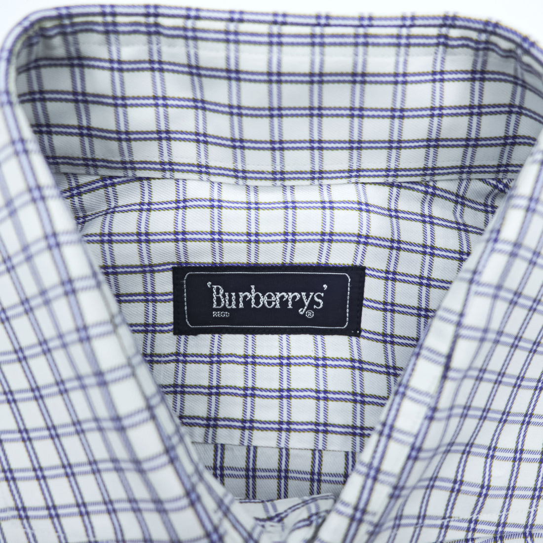 Vintage Burberrys Long Sleeve Dress Shirt White Navy Windowpane Check Regular Collar Cotton XL