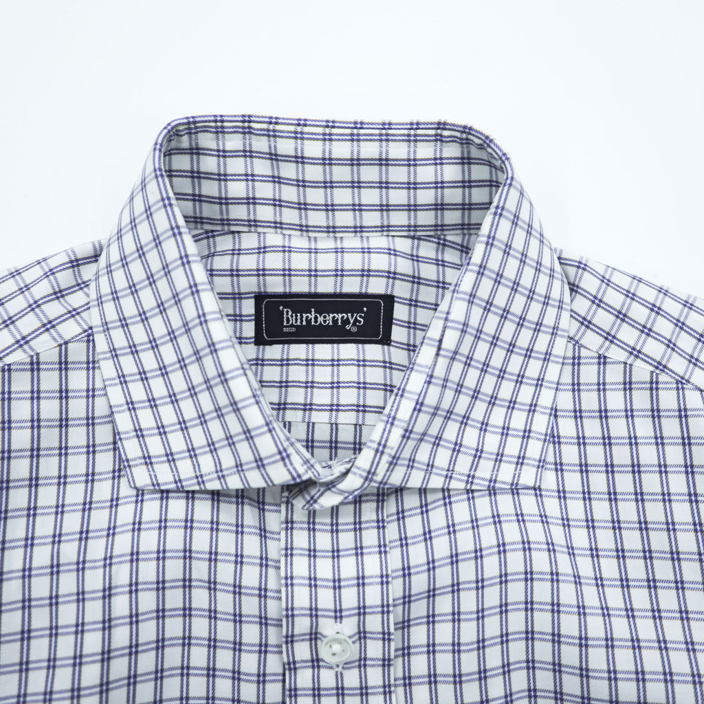 Vintage Burberrys Long Sleeve Dress Shirt White Navy Windowpane Check Regular Collar Cotton XL