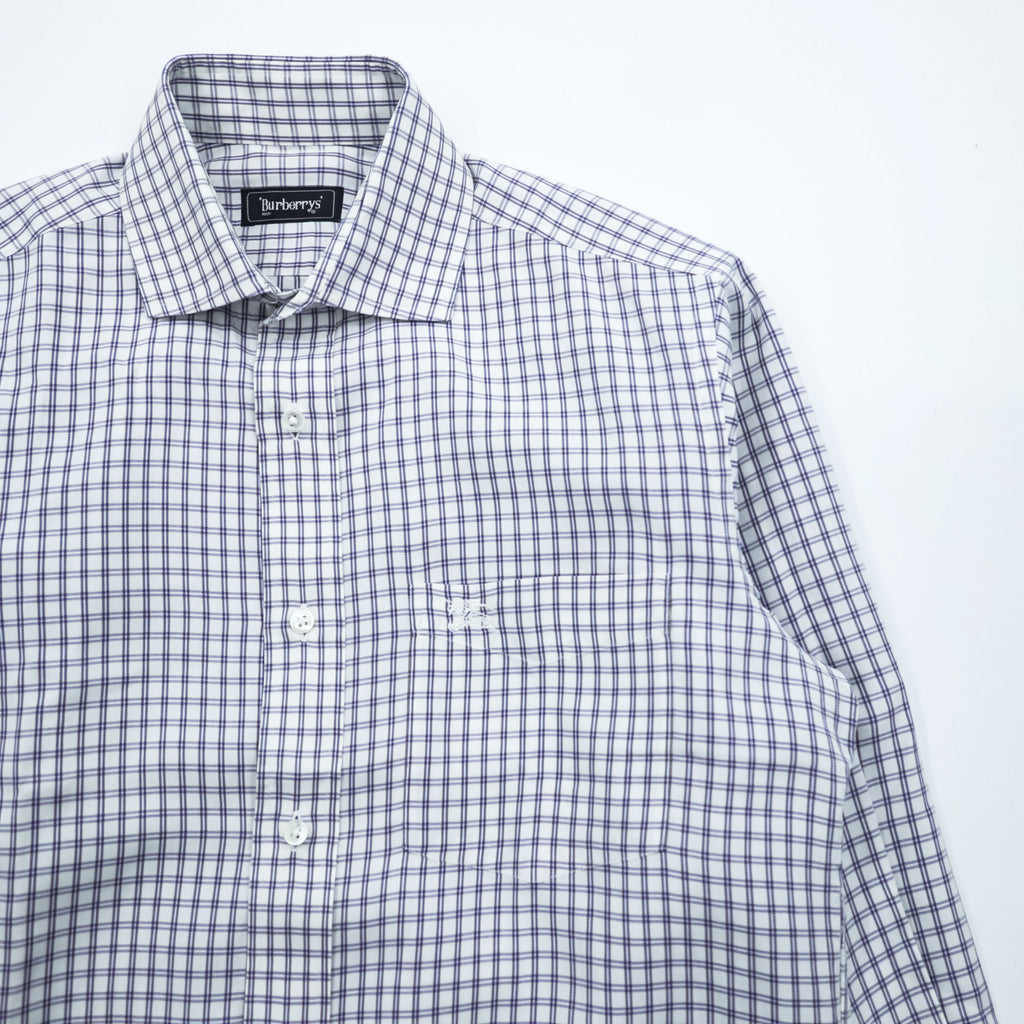 Vintage Burberrys Long Sleeve Dress Shirt White Navy Windowpane Check Regular Collar Cotton XL