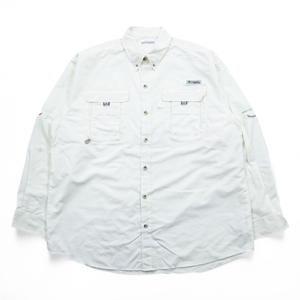 Columbia PFG Omni-Shade White Long Sleeve Fishing Shirt Bonehead Style Vented Button Down Size L