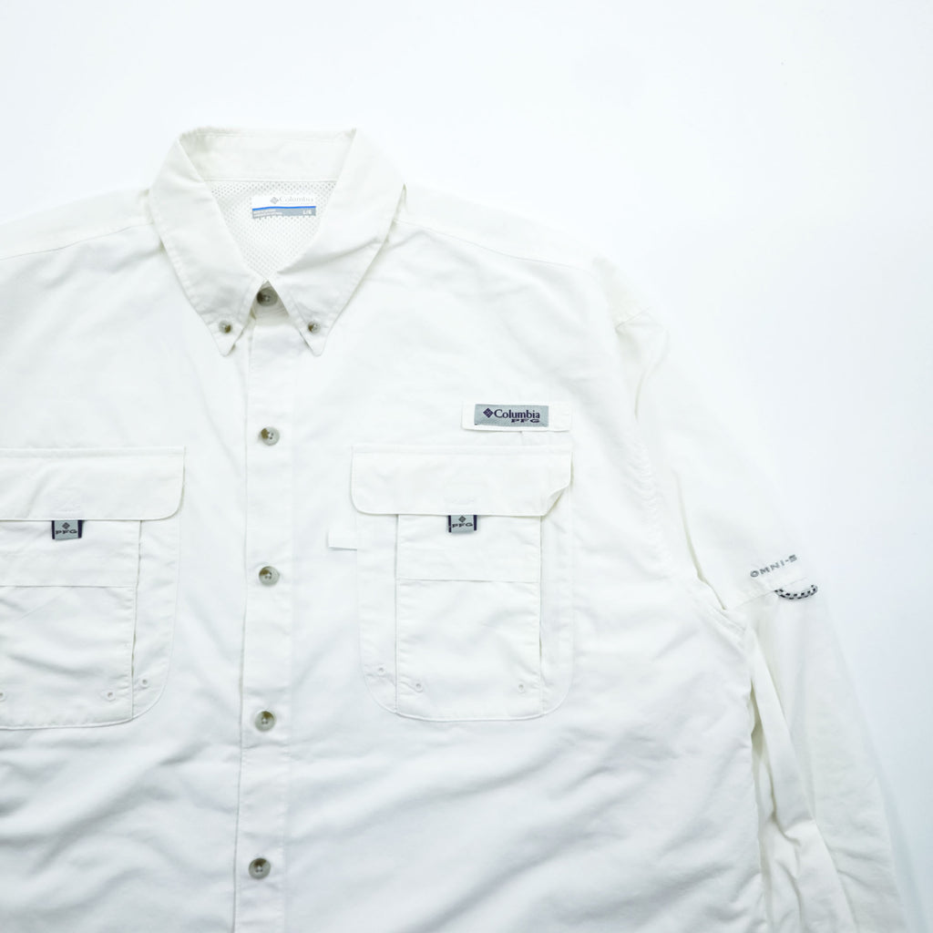 Columbia PFG Omni-Shade White Long Sleeve Fishing Shirt Bonehead Style Vented Button Down Size L