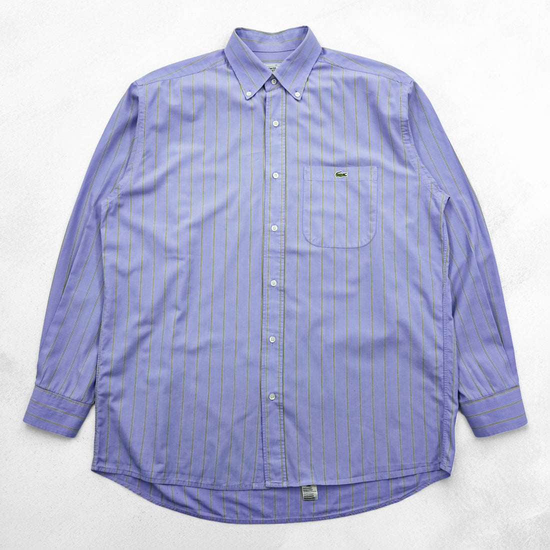 Lacoste 80s Vintage France Made Long Sleeve Button-Down Shirt L Blue Striped with One-Point Logo