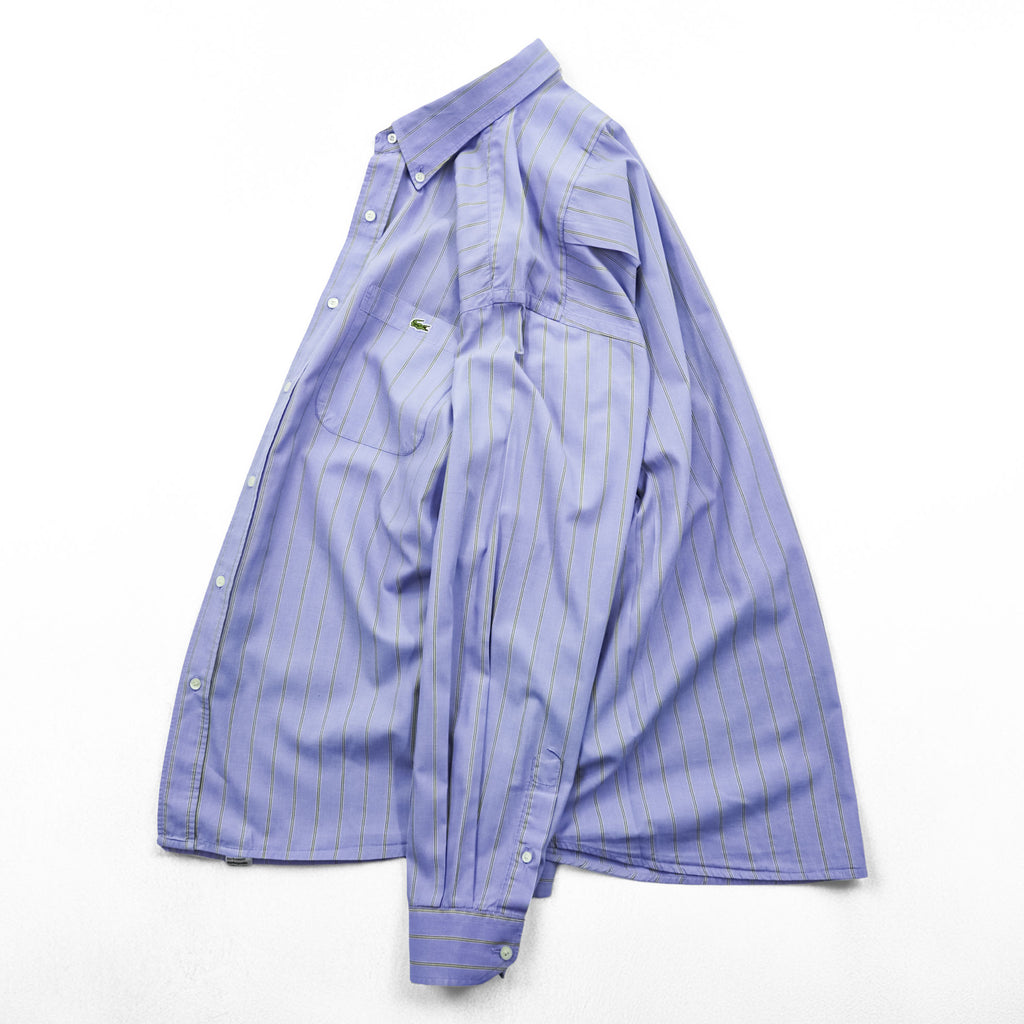 Lacoste 80s Vintage France Made Long Sleeve Button-Down Shirt L Blue Striped with One-Point Logo