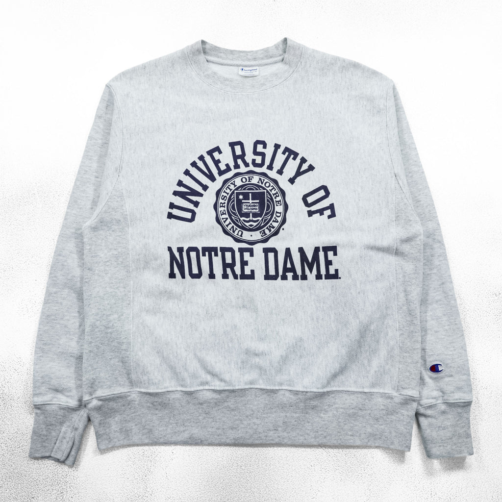 Champion Reverse Weave Sweatshirt, Size L, Gray, College Style, Arch Logo, 3-Tier Print, Discharge Print, NOTRE DAME