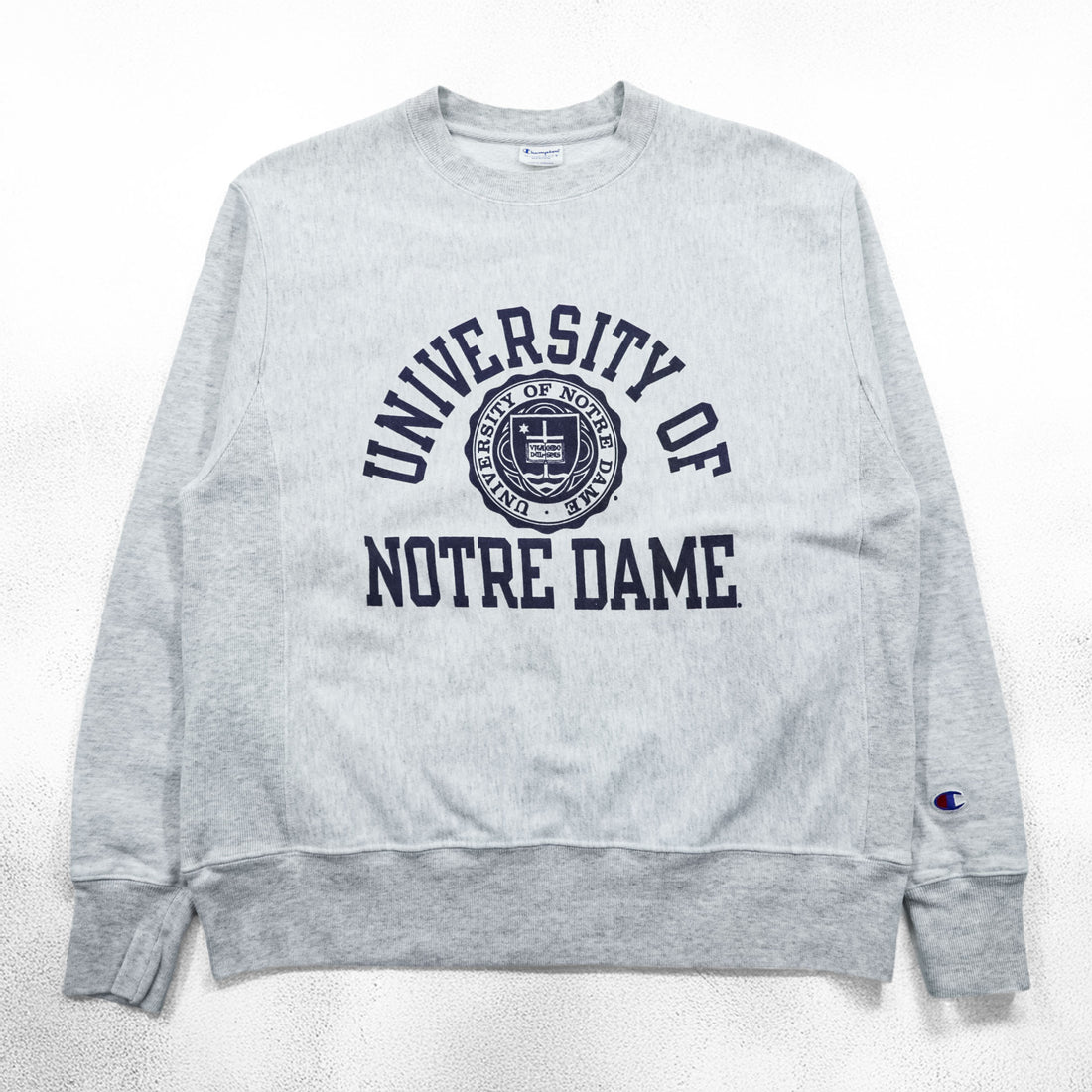 Champion Reverse Weave Sweatshirt, Size L, Gray, College Style, Arch Logo, 3-Tier Print, Discharge Print, NOTRE DAME
