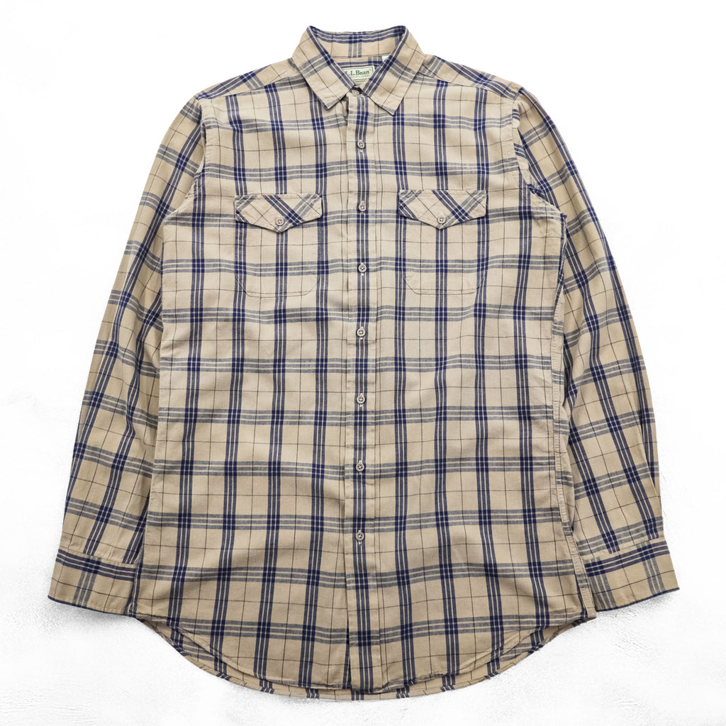 L.L.Bean 80s Vintage Long-Sleeve Shirt, Size M, Beige, Blue Checked