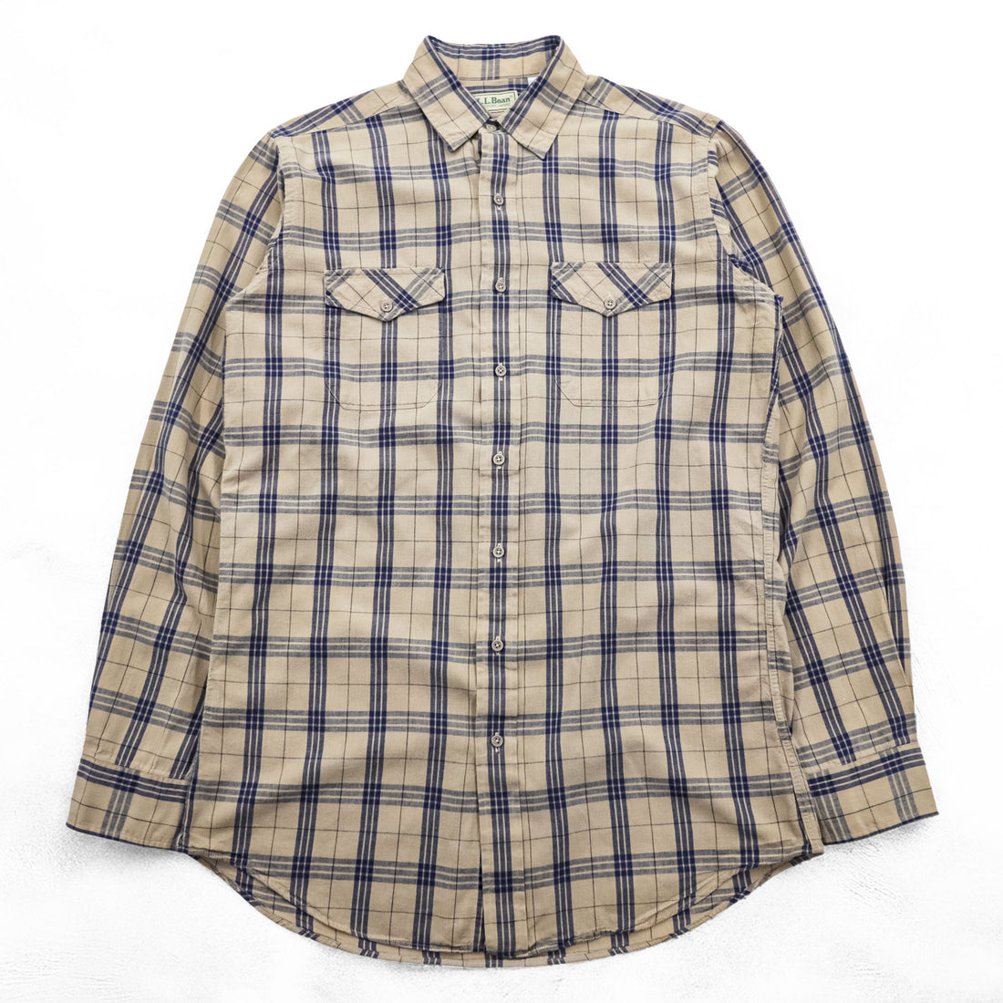 L.L.Bean 80s Vintage Long-Sleeve Shirt, Size M, Beige, Blue Checked