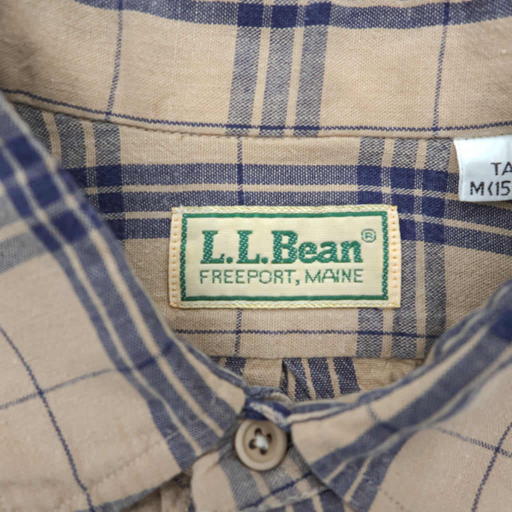 L.L.Bean 80s Vintage Long-Sleeve Shirt, Size M, Beige, Blue Checked
