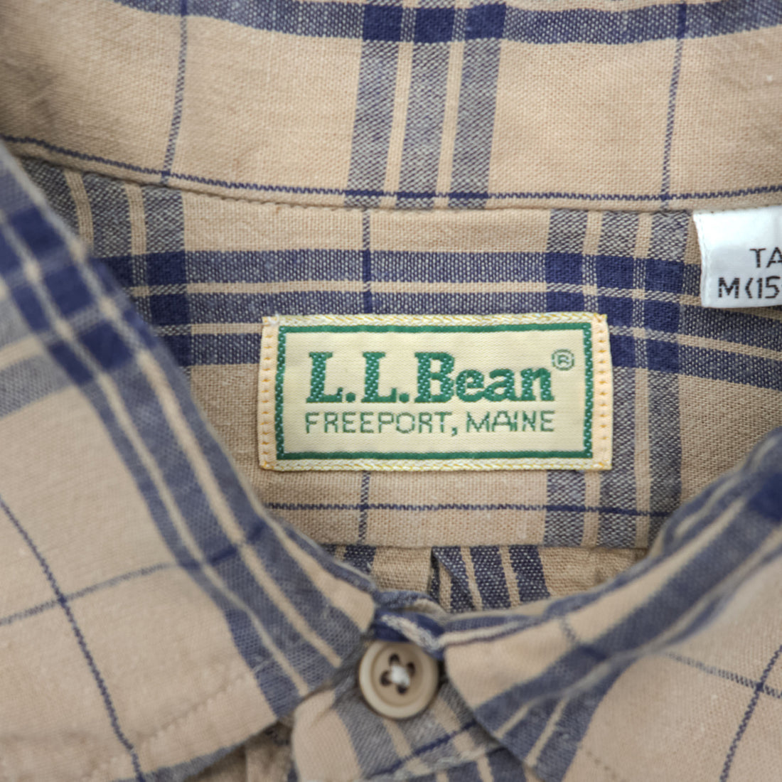 L.L.Bean 80s Vintage Long-Sleeve Shirt, Size M, Beige, Blue Checked