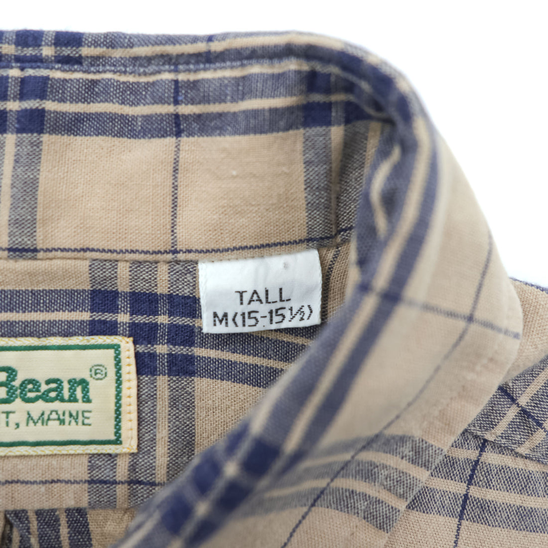 L.L.Bean 80s Vintage Long-Sleeve Shirt, Size M, Beige, Blue Checked