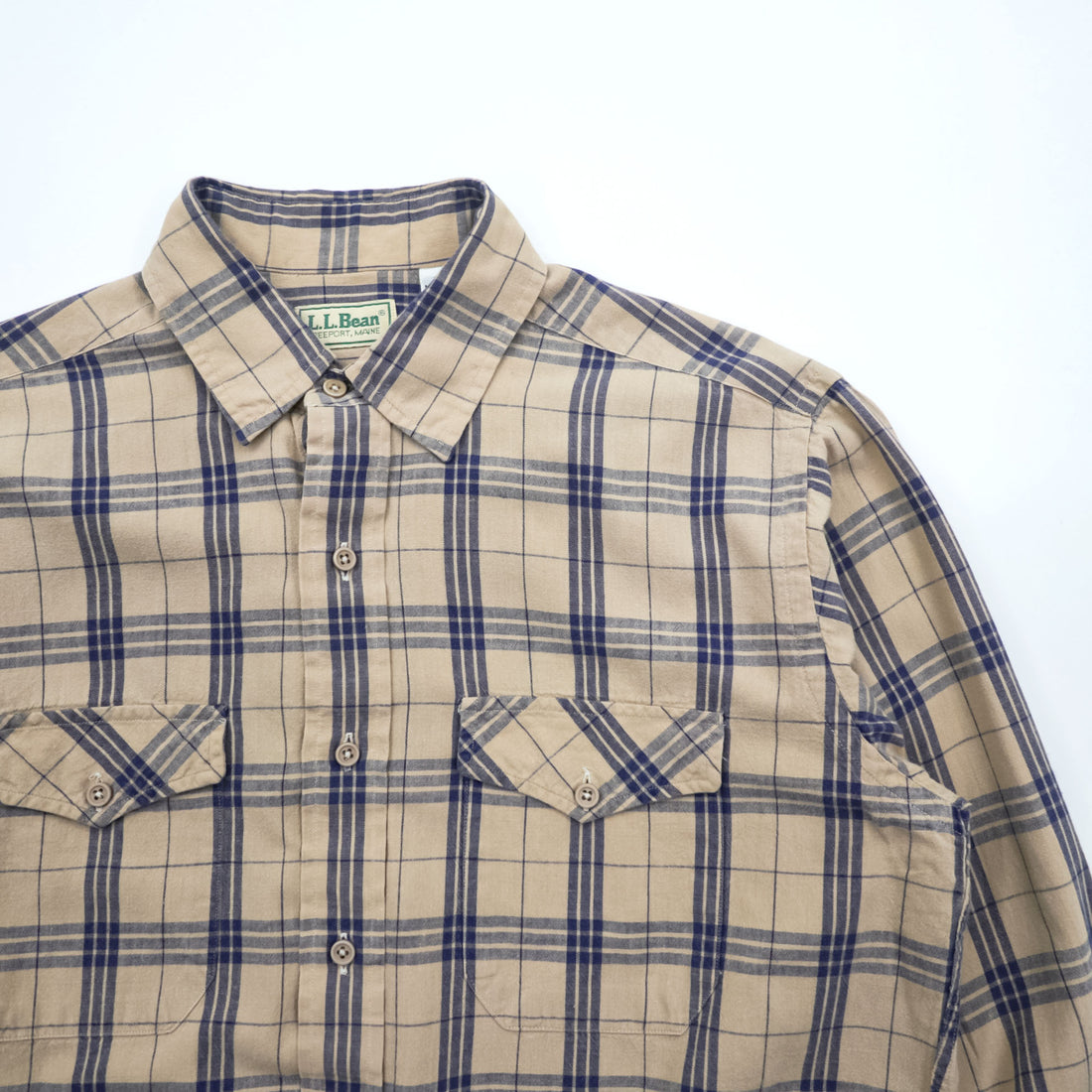 L.L.Bean 80s Vintage Long-Sleeve Shirt, Size M, Beige, Blue Checked