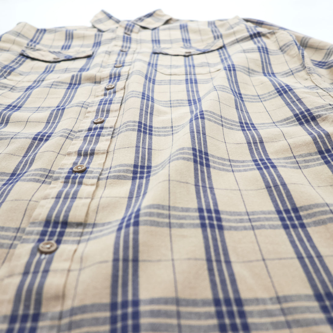 L.L.Bean 80s Vintage Long-Sleeve Shirt, Size M, Beige, Blue Checked
