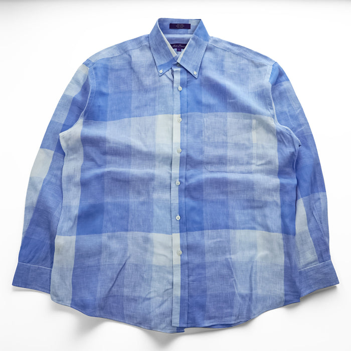 Alan Flusser リネン 長袖シャツ L ブルー ホワイト 大判チェック ボタンダウン 麻100%